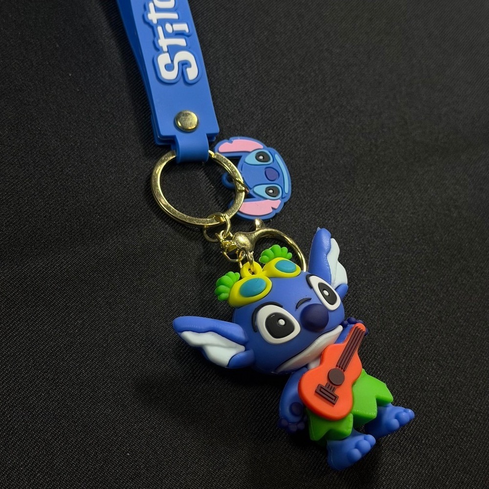 Disney Lilo and Stitch Hula Ukulele Keychain Blue Rubber Strap Keyring - Picture 3 of 5